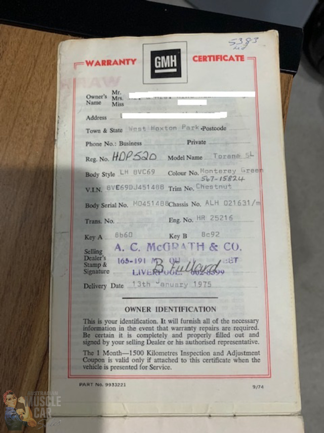 1974 HOLDEN TORANA SL LH 3 SPEED AUTOMATIC SEDAN