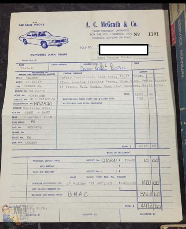 1974 HOLDEN TORANA SL LH 3 SPEED AUTOMATIC SEDAN
