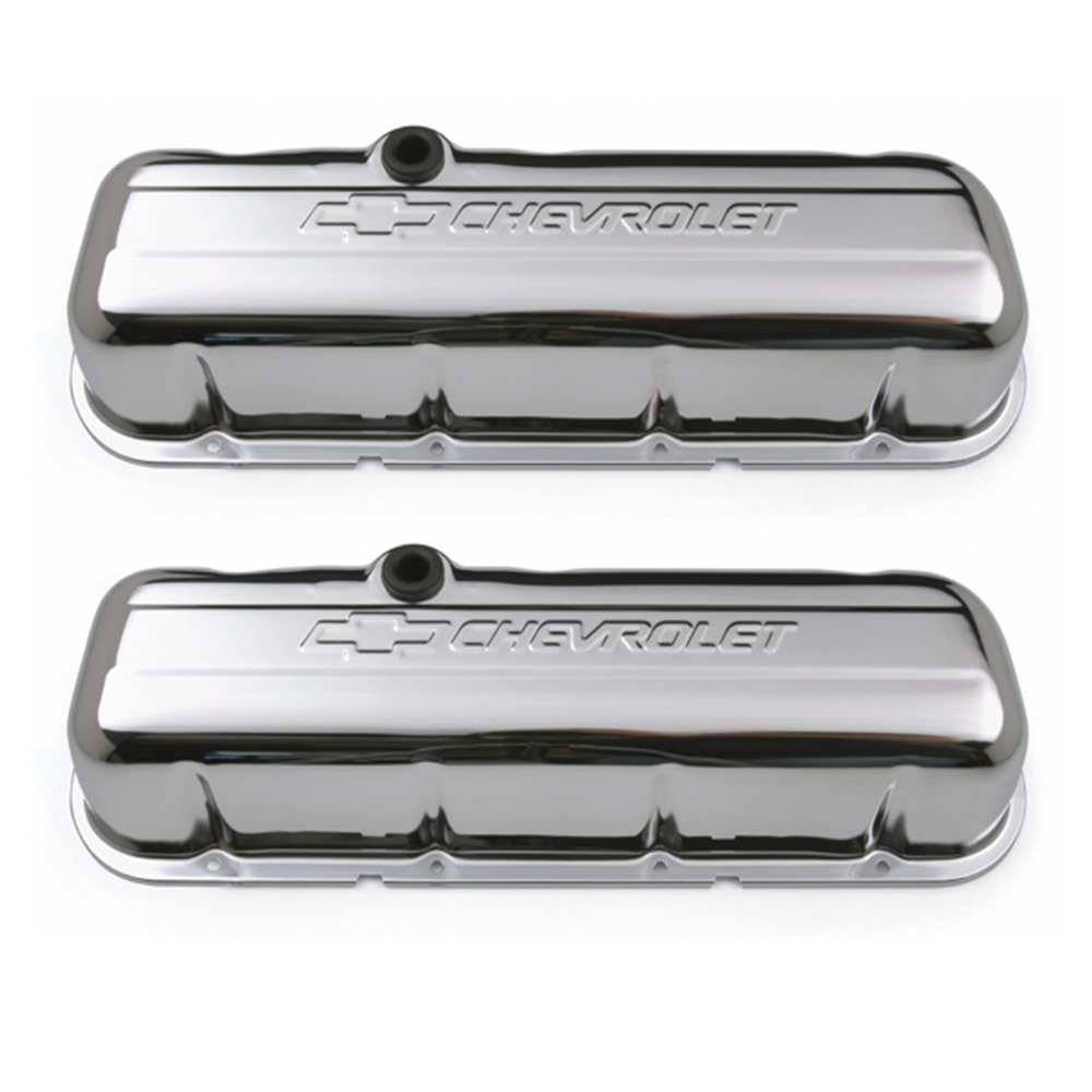 CHEVROLET & BOWTIE EMBLEM VALVE COVERS. TALL WITH BAFFLE. CHEVY B/B V8, 1965-LATER.