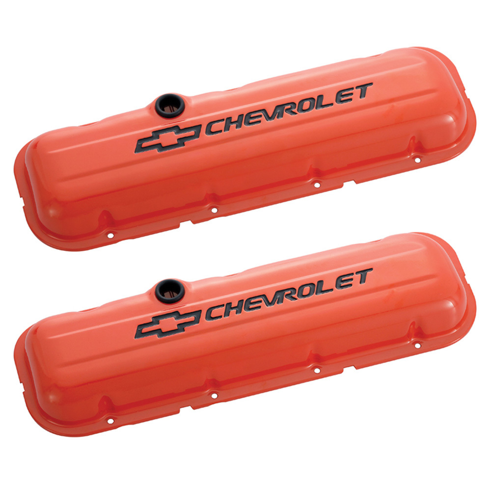 CHEVROLET AND BOWTIE EMBLEM B/B STAMPED VALVE COVERS, SHORT W/ BAFFLE, BLACK LETTERING AND BLACK BOWTIE, ORANGE