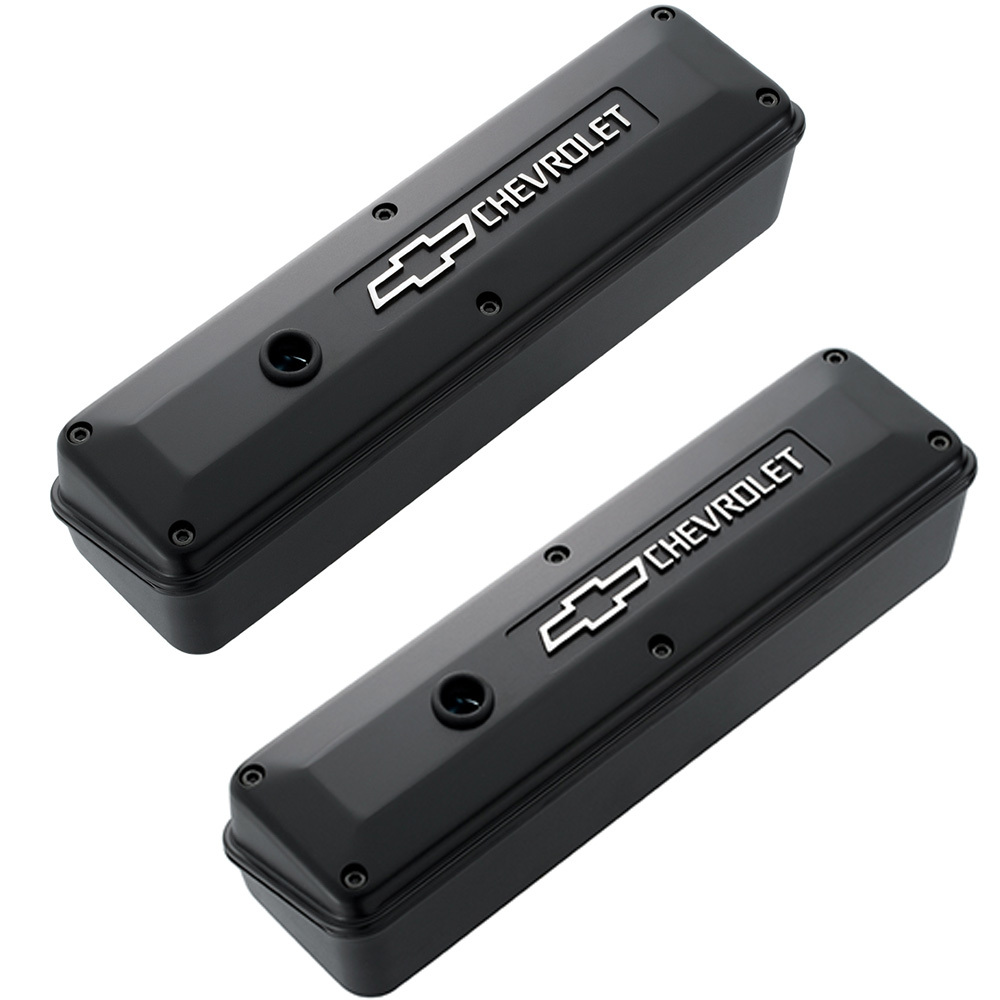 CHEVROLET & BOWTIE EMBLEM S/B 2-PIECE VALVE COVER SET, RAISED EMBLEM, BLACK, PATENTED.