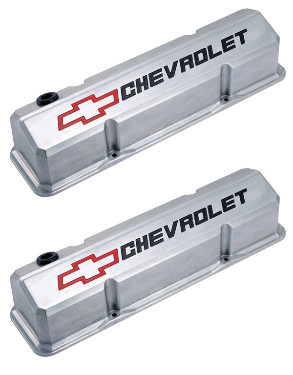 CHEVROLET & BOWTIE EMBLEM DIE-CAST VALVE COVERS, SLANT-EDGE, RECESSED EMBLEM, CHEVY S/B V8, 1958-1986, CHROME