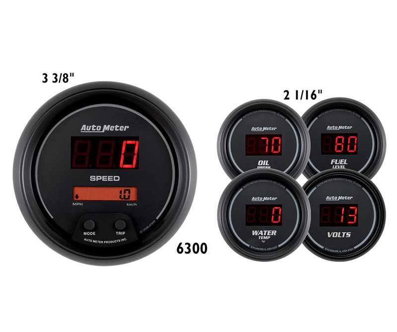 GAUGE KIT, 5 PC., 3 3/8" & 2 1/16", ELEC SPEEDO, DIGITAL, BLACK DIAL W/ RED LED