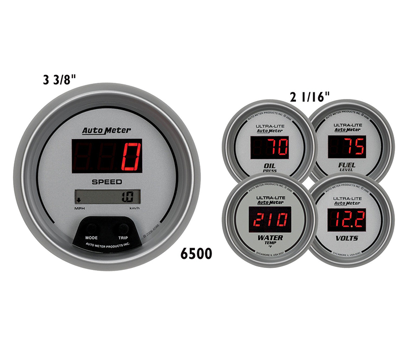 GAUGE KIT, 5 PC., 3 3/8" & 2 1/16", ELEC. SPEEDO., DIGITAL, SILVER W/ RED LED