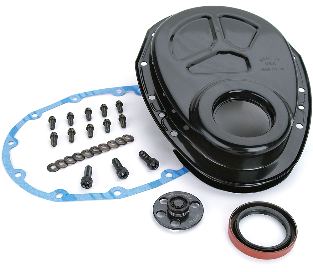 TIMING COVER 1-PIECE STEEL BLACK CHEVROLET SMALL BLOCK KIT
