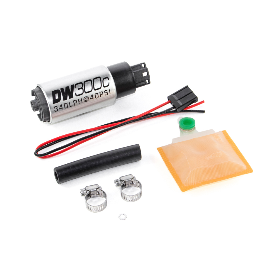 DW300C SERIES, 340LPH COMPACT FUEL PUMP WITHOUT MOUNTING CLIPS W/ UNIVERSAL INSTALL KIT.