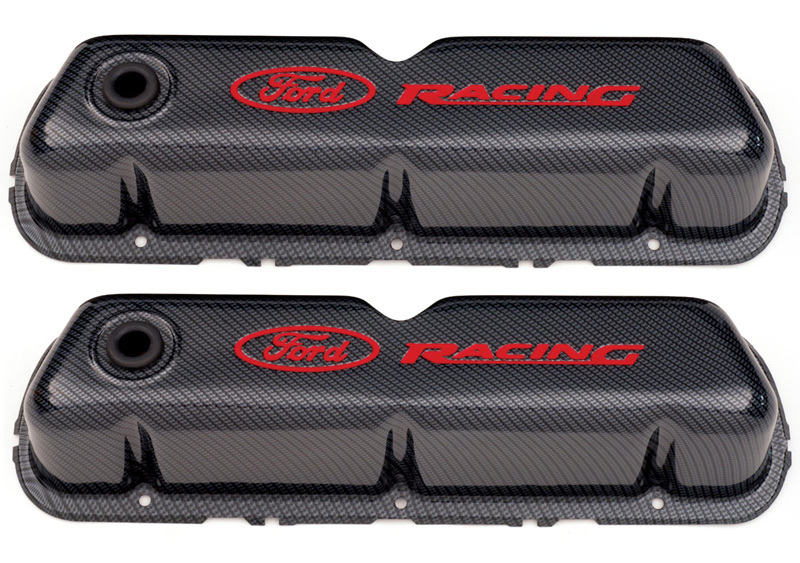 FORD RACING STAMPED STEEL VALVE COVERS, CARBON-STYLE, RED RECESSED EMBLEMS
