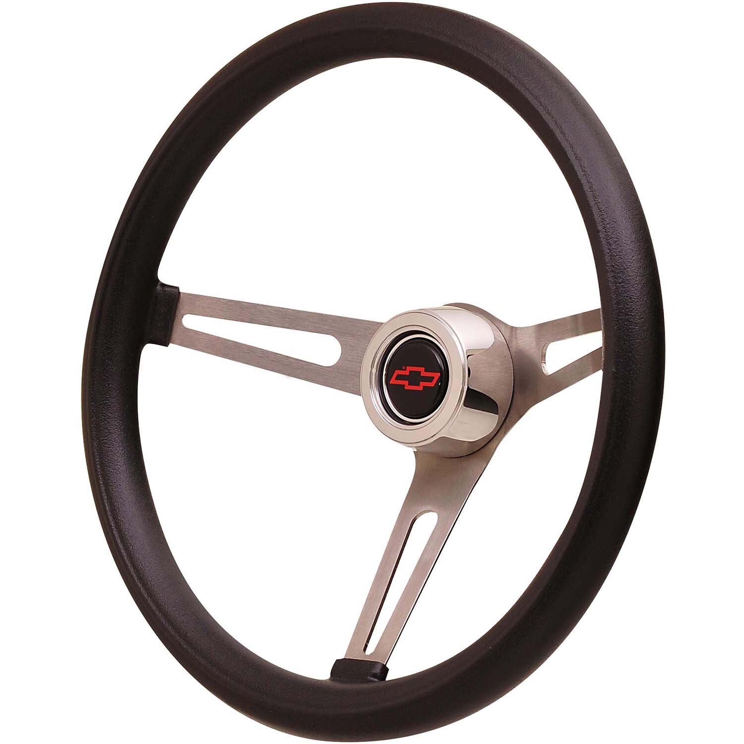 STEERING WHEEL, GT-3 RETRO GM, 3-SPOKE, STAINLESS STEEL, POLISHED, BLACK FOAM GRIP, 15 IN. DIAMETER, EACH