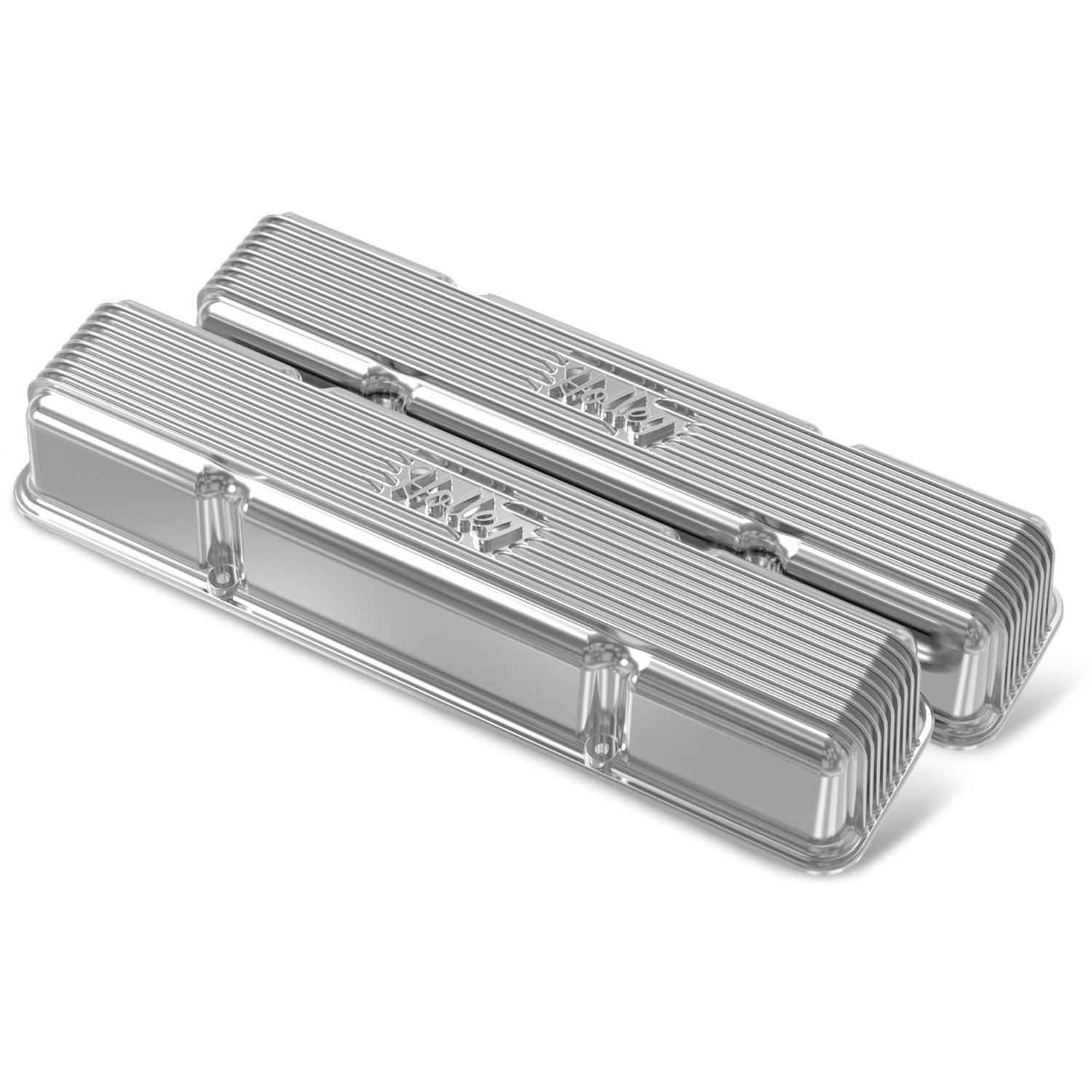 VALVE COVERS VINTAGE SERIES CAST ALUMINIUM POLISHED FINNED HOLLEY LOGO CHEVY SMALL BLOCK PAIR