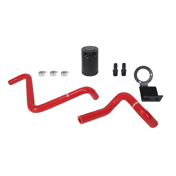SUBARU BRZ / TOYOTA 86 / SCION FR-S BAFFLED OIL CATCH CAN, PCV SIDE, 2013+ BLACK BRACKET RED HOSES