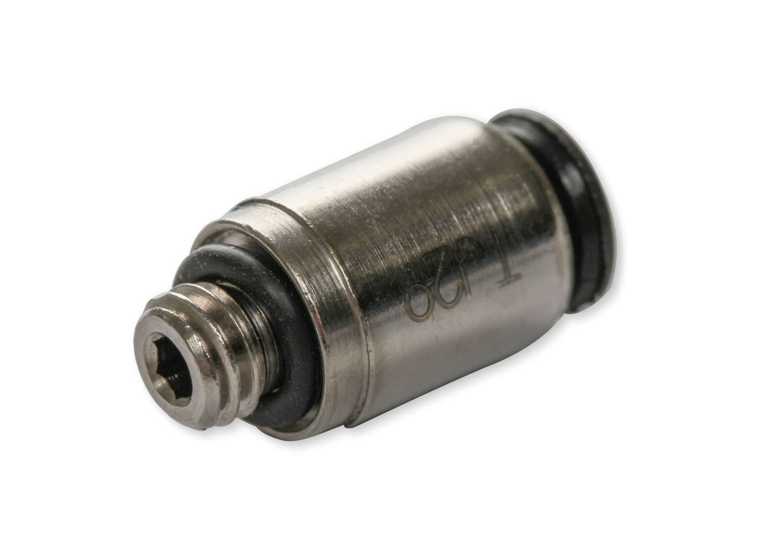 PUSH LOCK FITTING, STRAIGHT 10-32 THREAD MALE - 1/8" TUBE, BRASS W/ NICKEL PLATED FINISH