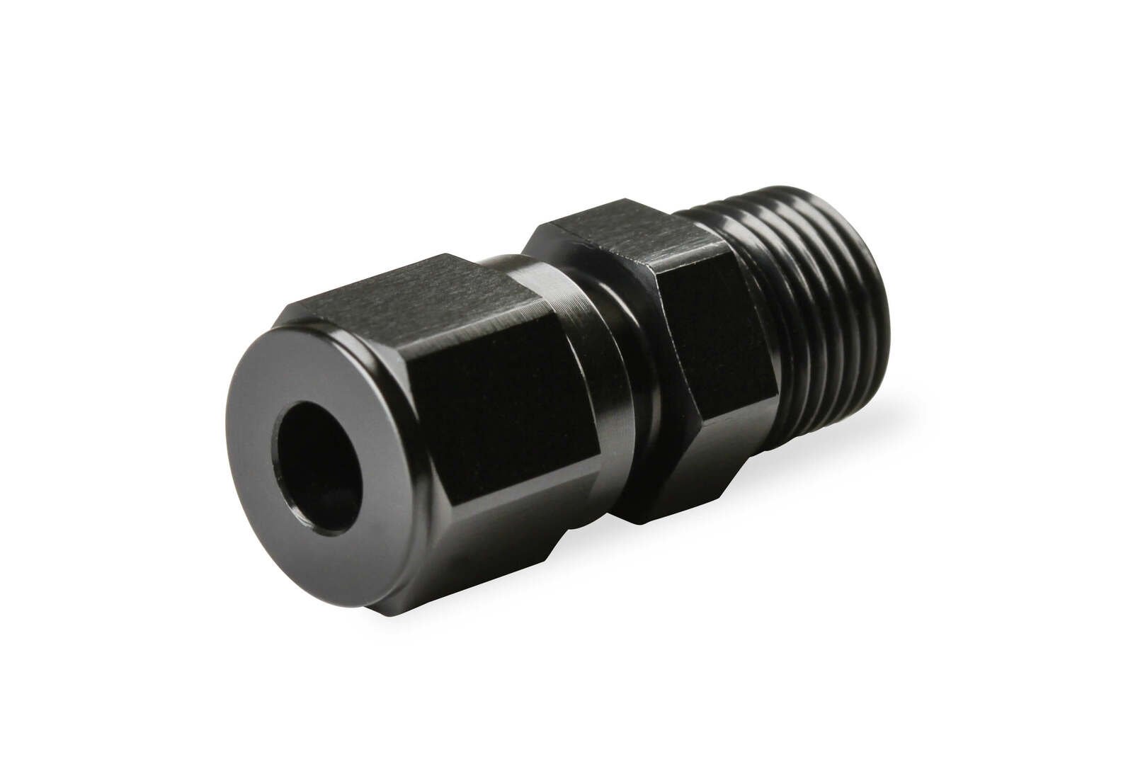 COMPRESSION FITTING, STRAIGHT 1/8" NPT MALE - 3/16" TUBE, COMPLETE, ALUMINUM W/ BLACK ANODIZED FINISH