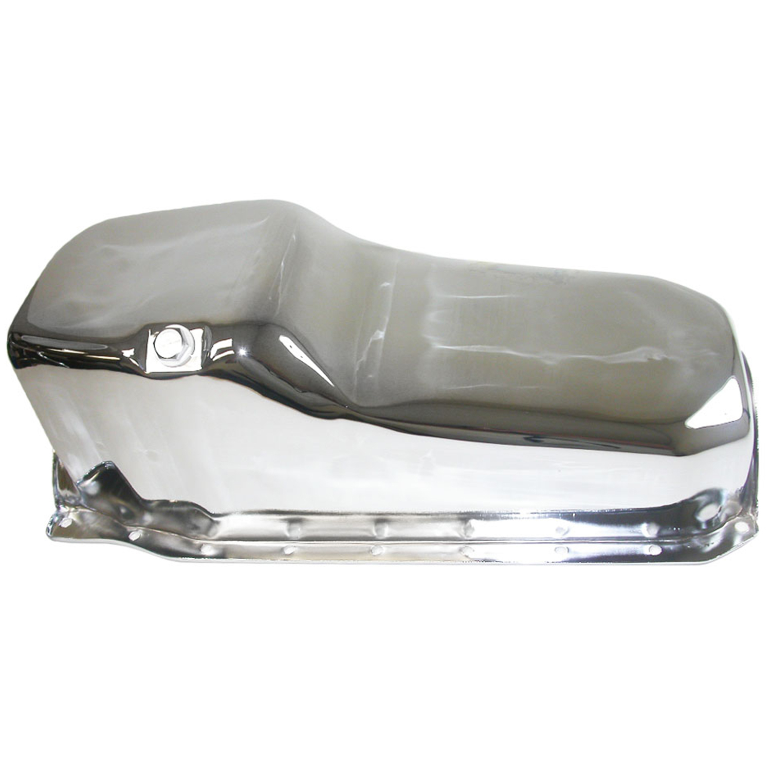 OIL PAN SUMP, STEEL, CHROME FINISH, 4 QUARTS SBC 1 PIECE R/M PASS SIDE DIPSTICK
