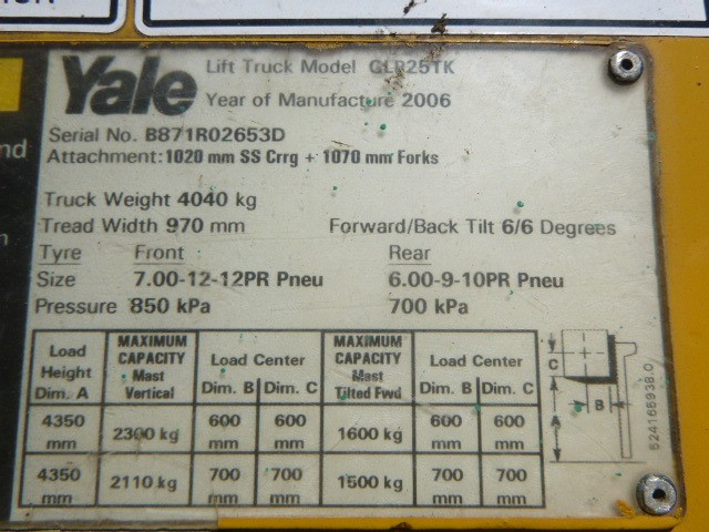 2006 YALE GLP025 YALE FORKLIFT GLP25TK FORKLIFT STD FORKLIFT