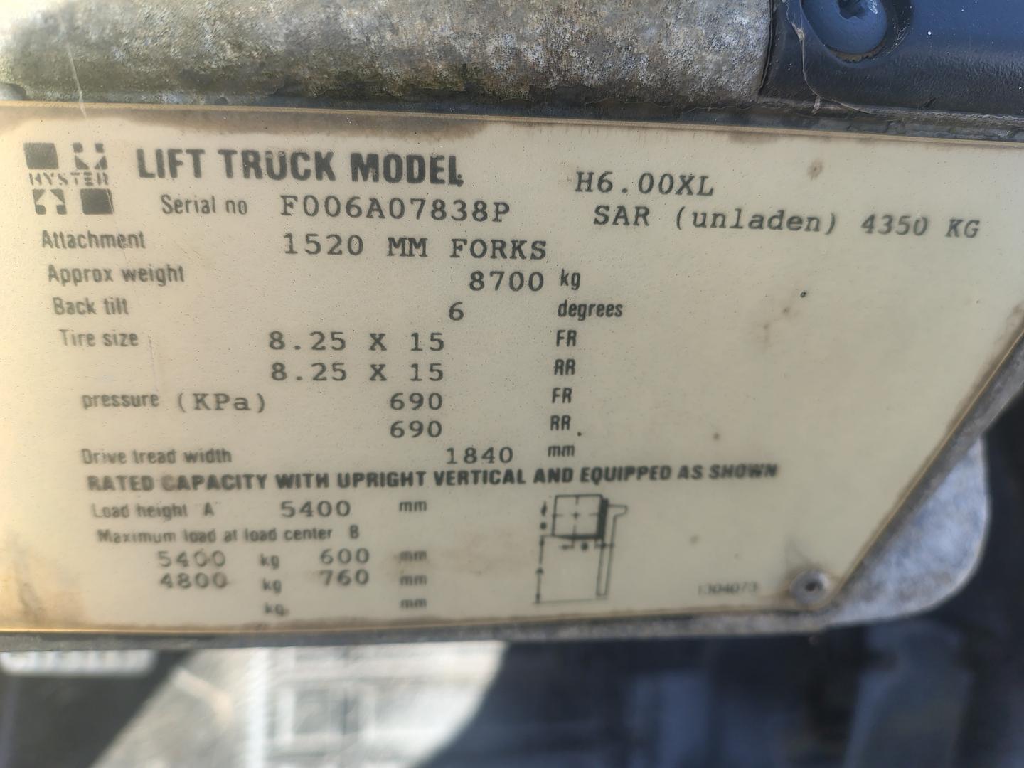 1993 HYSTER H6.00XL FORK LIFT