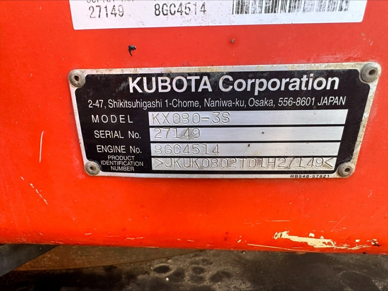 2000 KUBOTA KX080-3SGLA -3 EXCAVATOR
