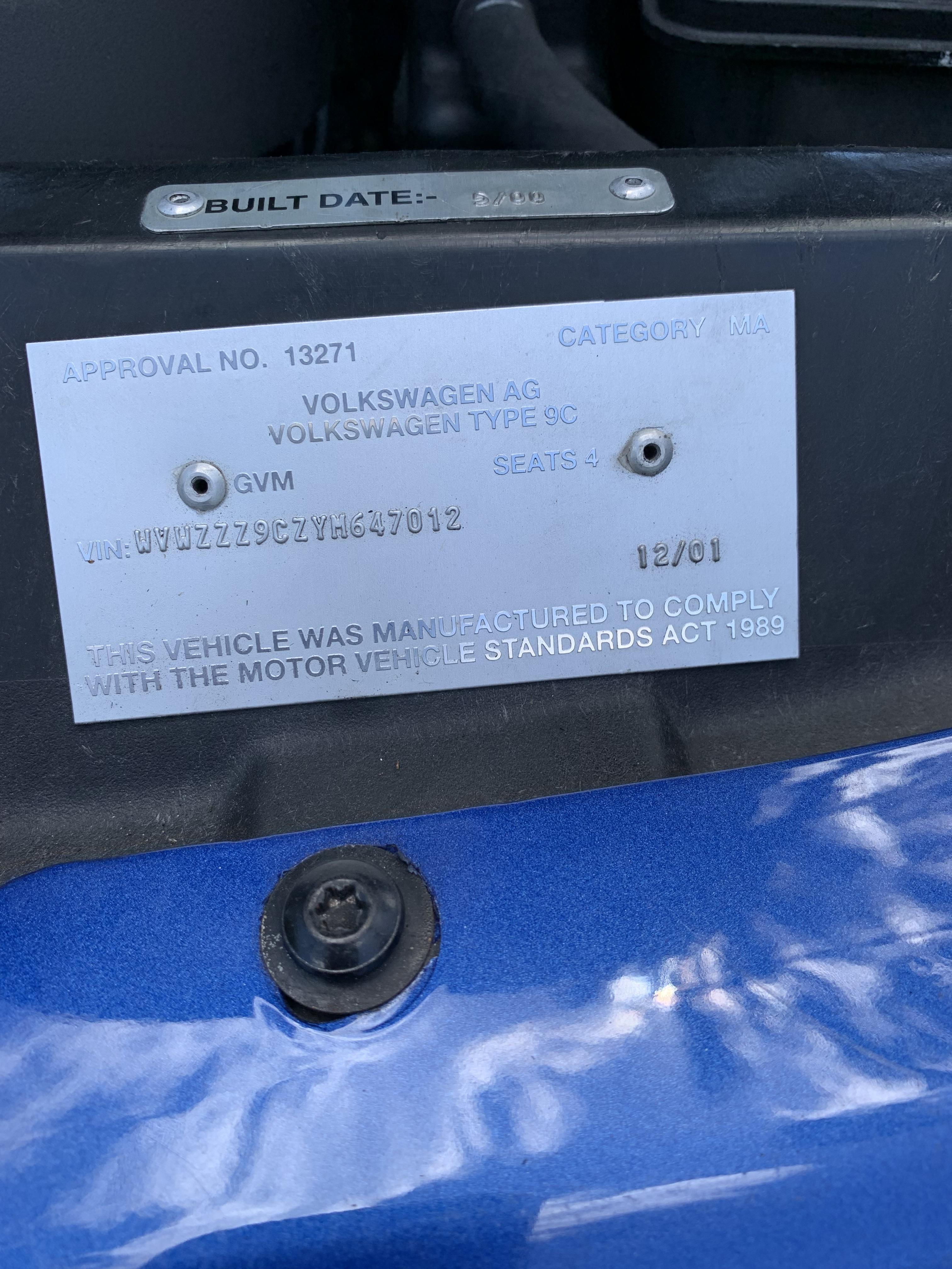 2001 VOLKSWAGEN BEETLE 9C 2.0 5 SP MANUAL 3D HATCHBACK