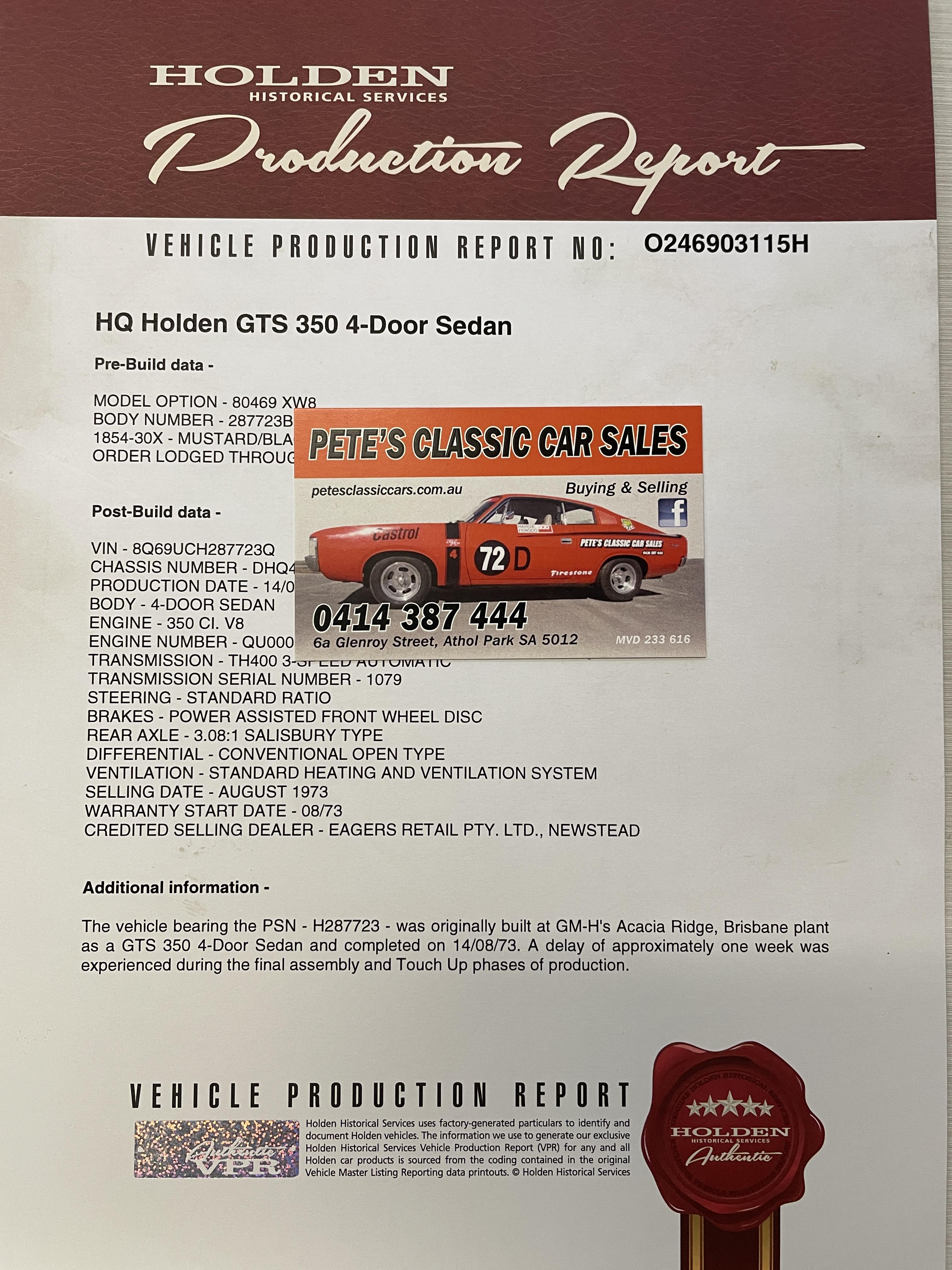 1973 HOLDEN MONARO HQ GTS 350 3 SP AUTOMATIC 4D SEDAN