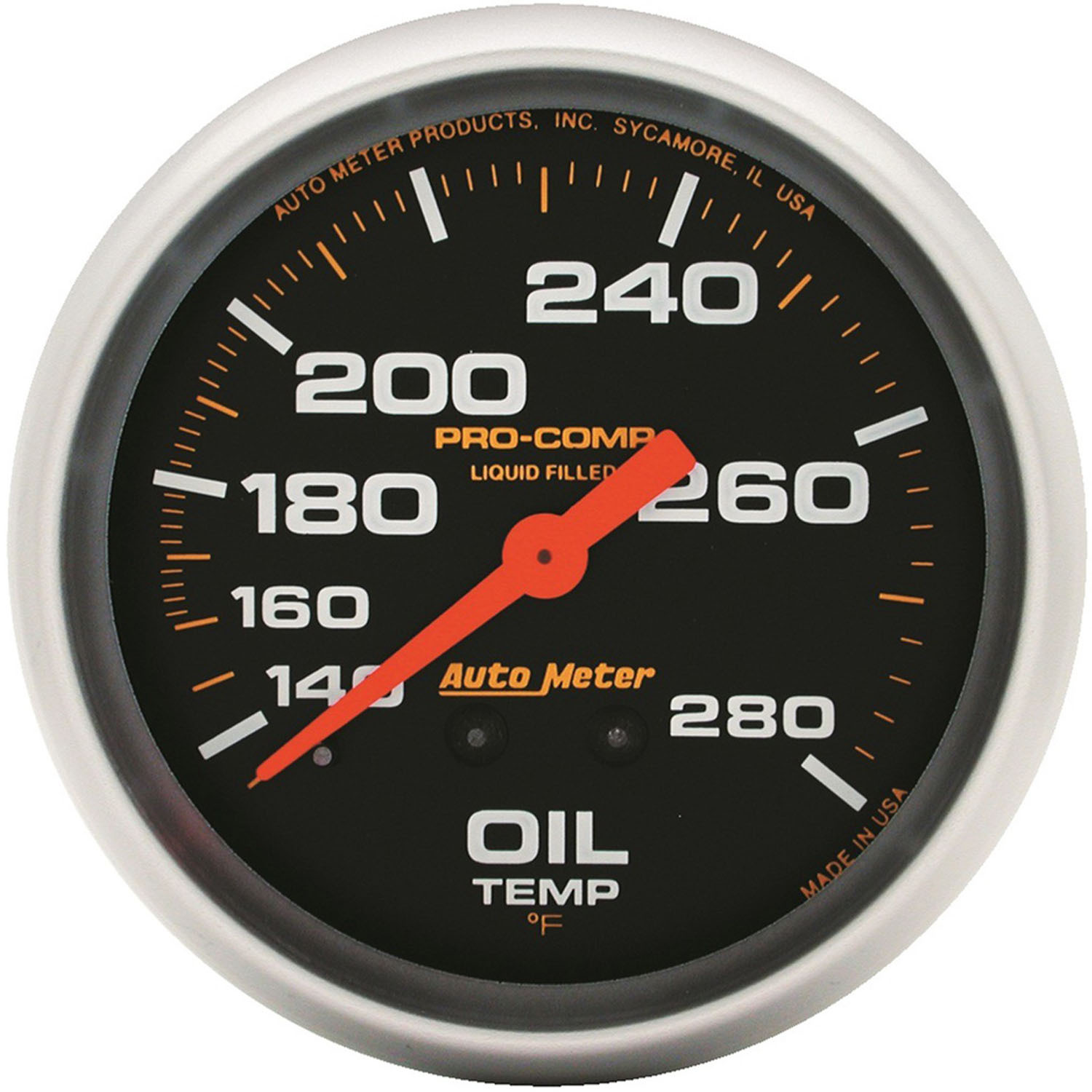 Autometer Gauge, Pro-Comp, Oil Temperature, 2 5/8 in, 140-280 Degrees F, Liquid Filled Mechanical, 12ft, Analog, Each