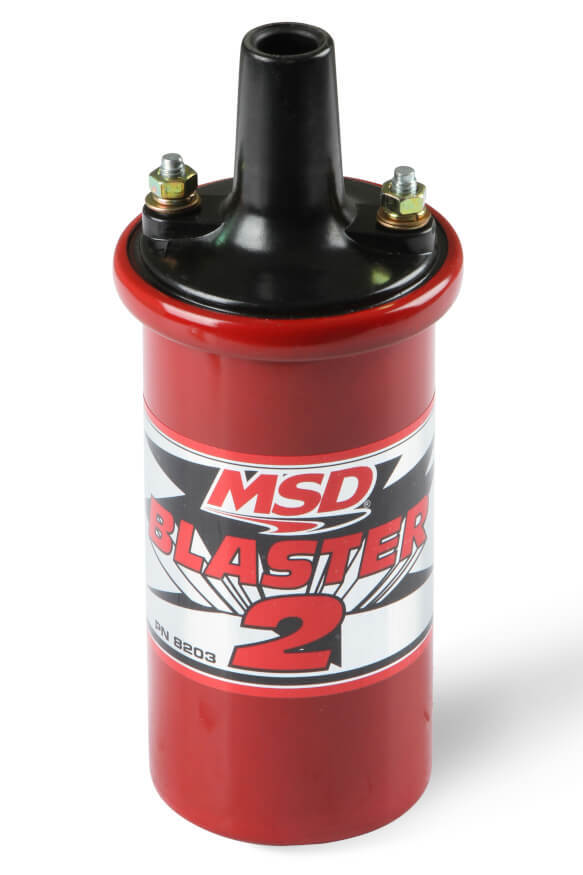 MSD Ignition Coil, Blaster 2 w/ ballast resistor, Canister, Round, Oil Filled, Red, 45, 000 V, Each