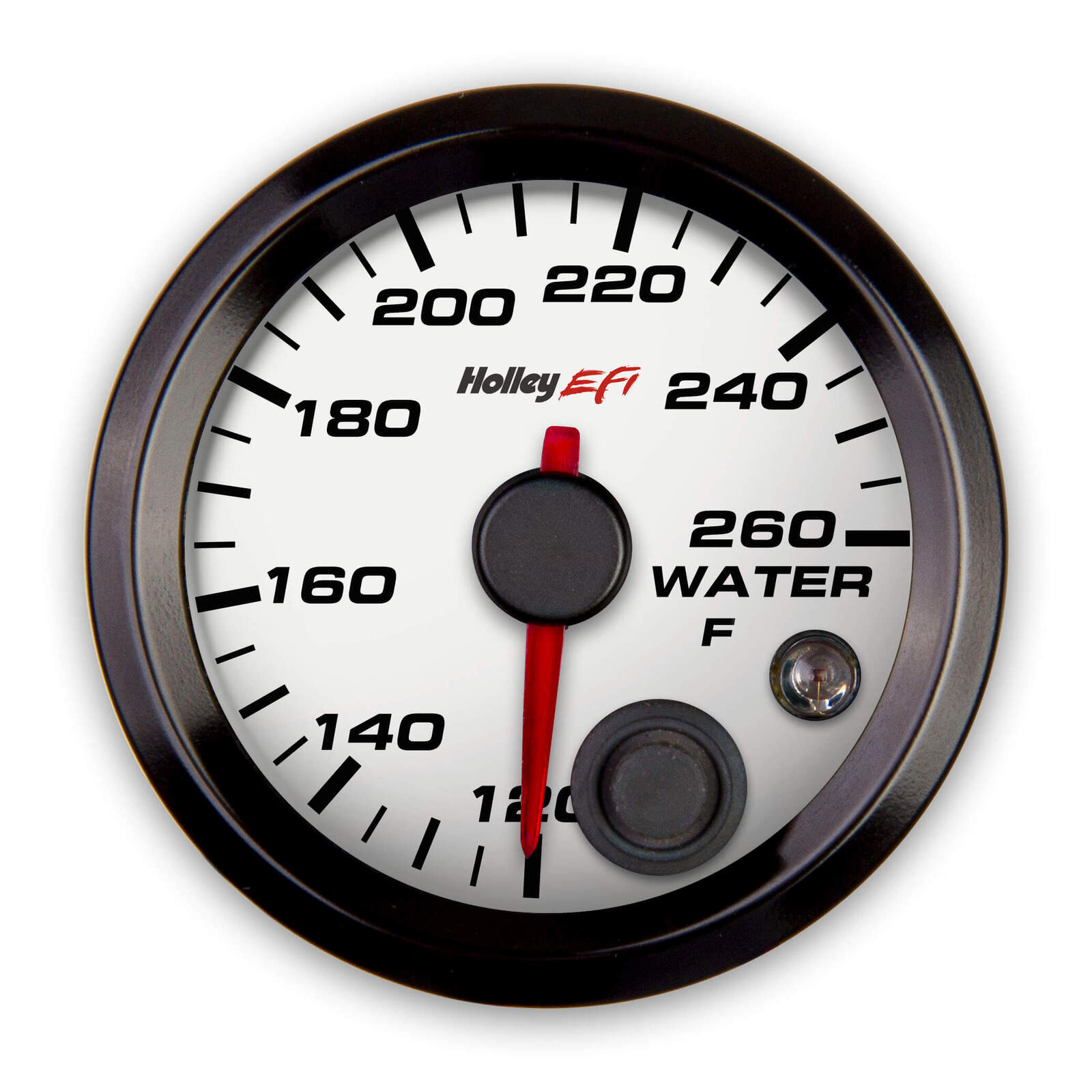 Holley EFI Gauge, Water Temp, EFI-style, 120-260 Degrees F, 2 1/16 in. Dia, Analog, Full Sweep, Illuminated, for Electrical Sending Unit, White Face,