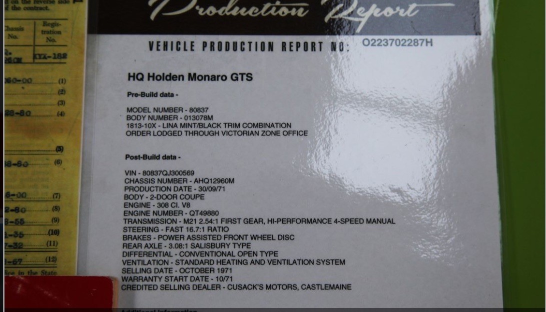 1971 HOLDEN MONARO HQ GTS 4 SP MANUAL 2D COUPE