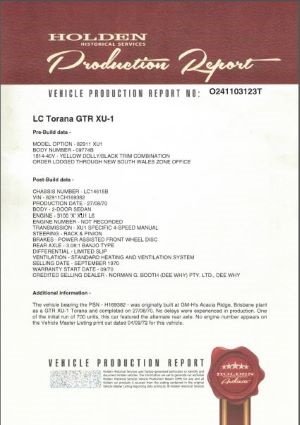 1970 HOLDEN TORANA LC GTR XU-1 4 SP MANUAL 2D SEDAN