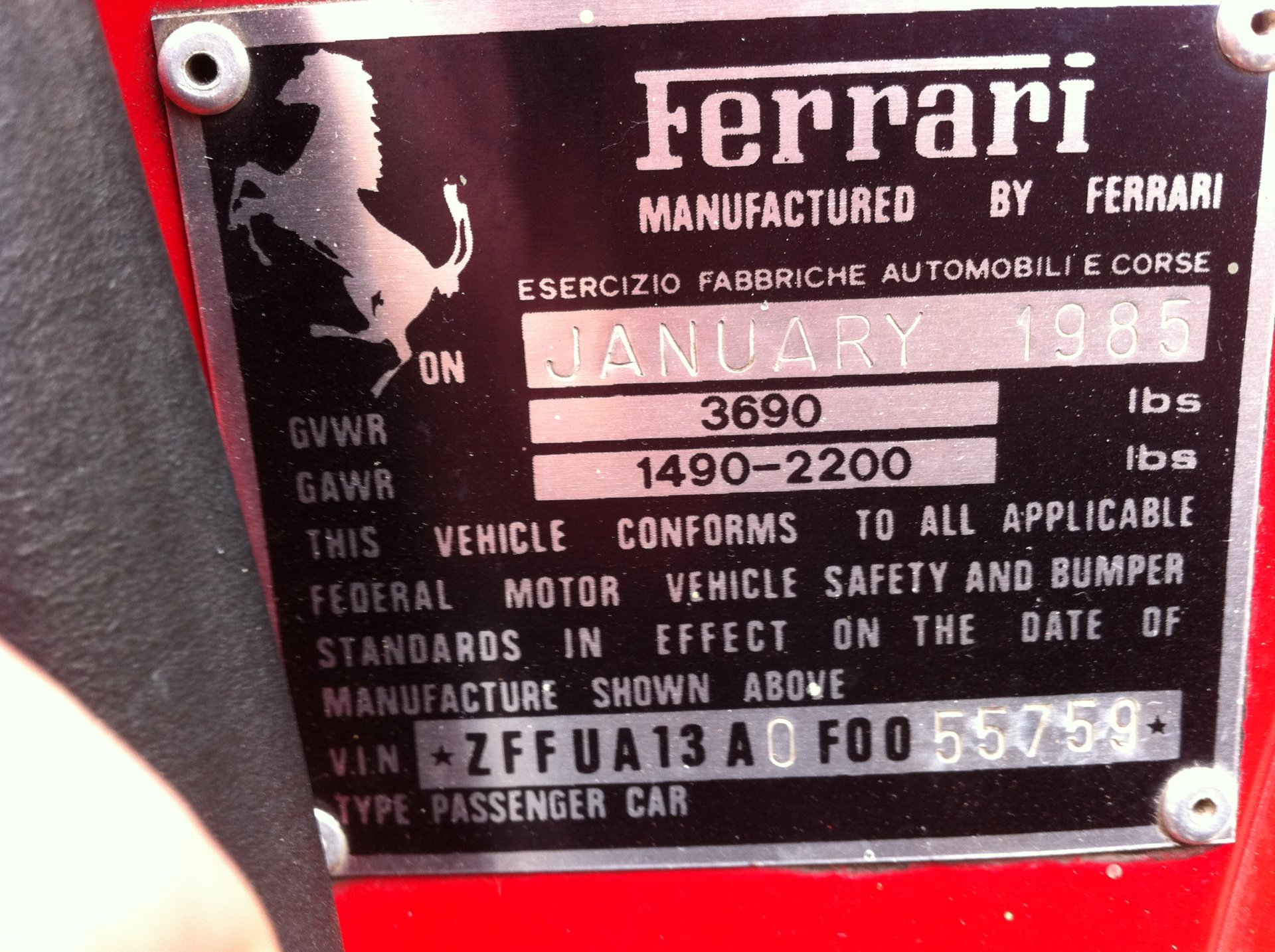 1985 FERRARI 308 GTS QUATTROVALVOLE 5 SP MANUAL COUPE 