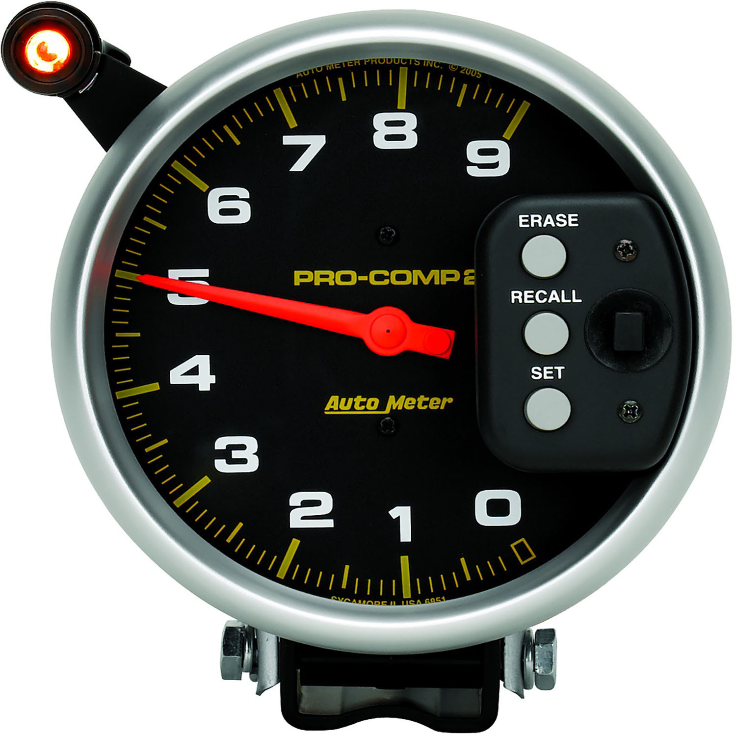 Autometer Gauge, Pro-Comp, Tachometer, 5 in, 0-9k RPM, Pedestal w/ Quick Lite & Peak Memory, Analog, Each