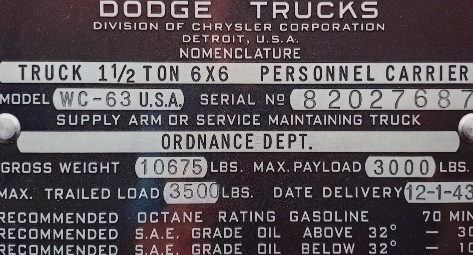 1943 DODGE WWII WC63 6X6 WEAPON CARRIER
