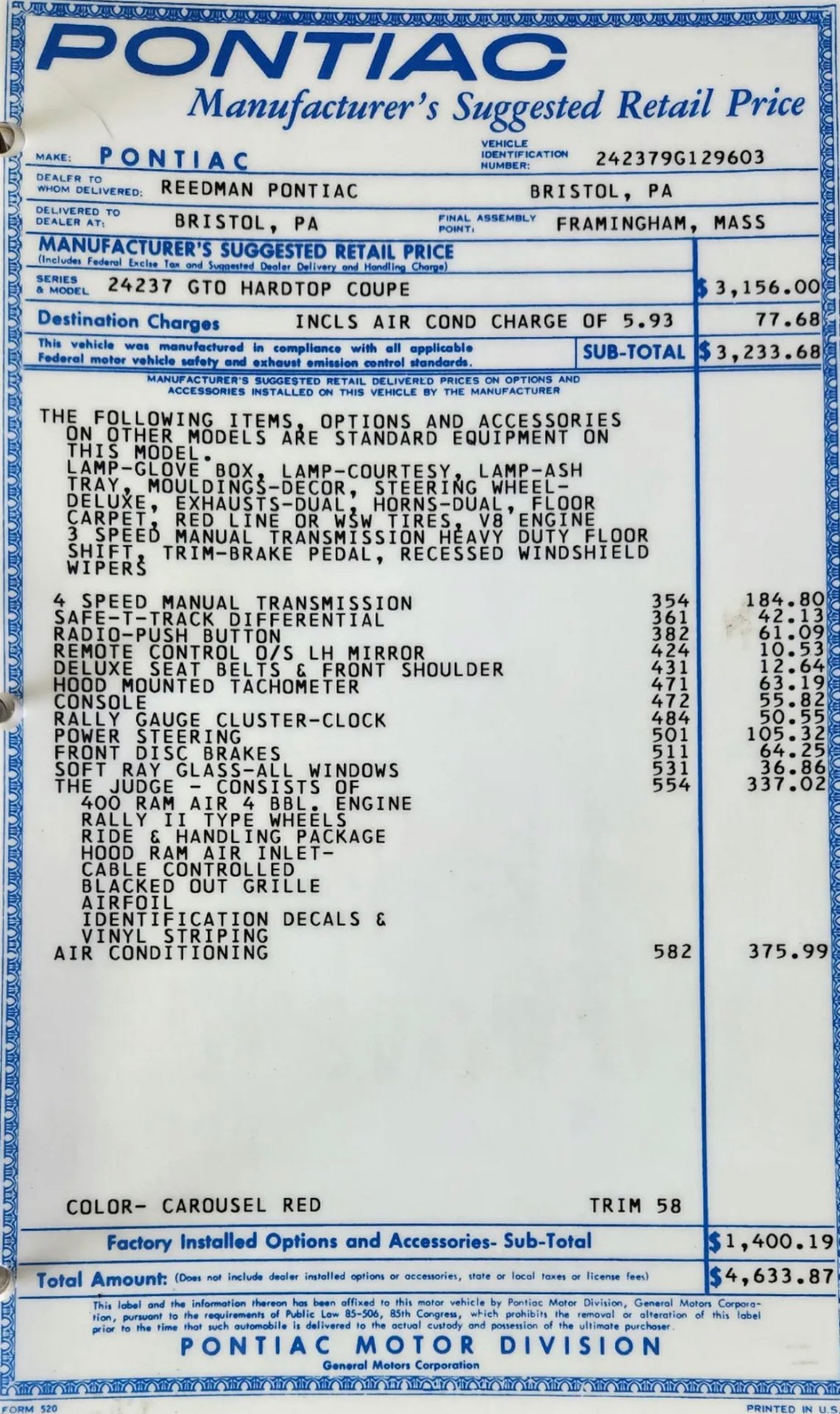 1969 PONTIAC GTO JUDGE 4 SP MANUAL 2D COUPE