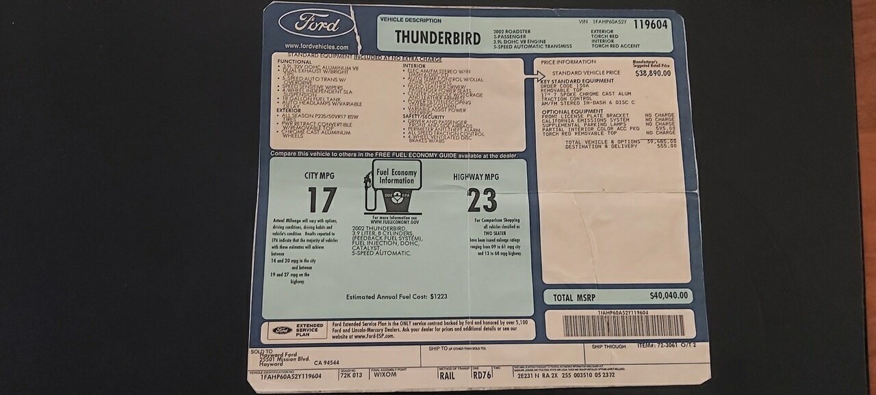 2002 FORD THUNDERBIRD 5 SP AUTOMATIC 2D CONVERTIBLE