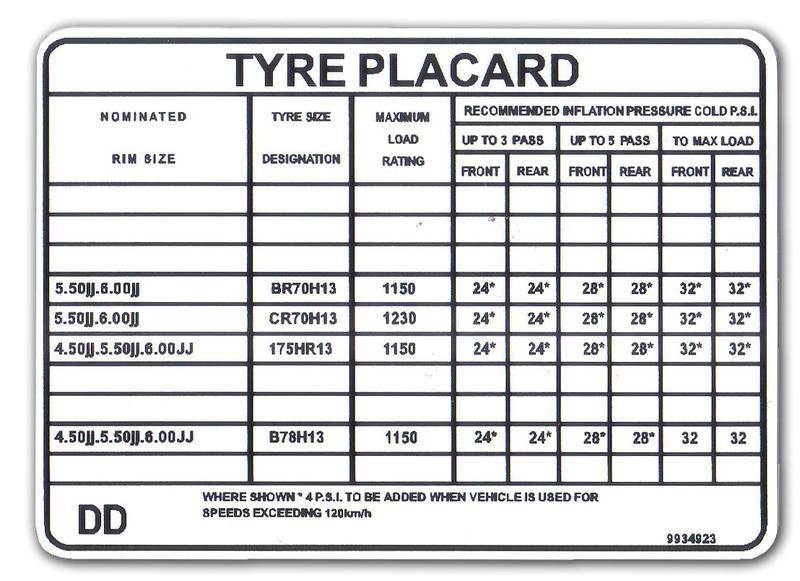 TYRE PLACARD LH "S" "SL" "SLR" 4.2 LITRE