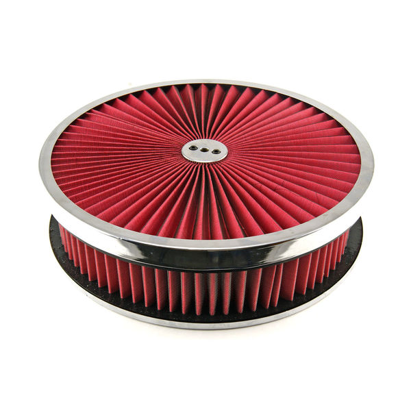 SUPA FLOW AIR CLEANER RED 14 X 3 CHROME RING TOP 5 18 INCH HOLE DROP BASE
