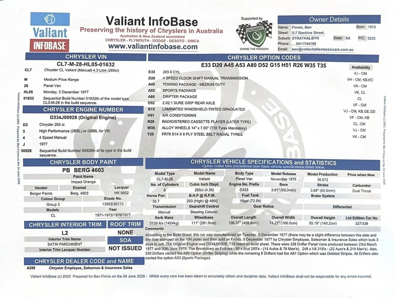 1977 CHRYSLER VALIANT CL DRIFTER 4 SP MANUAL PANEL VAN