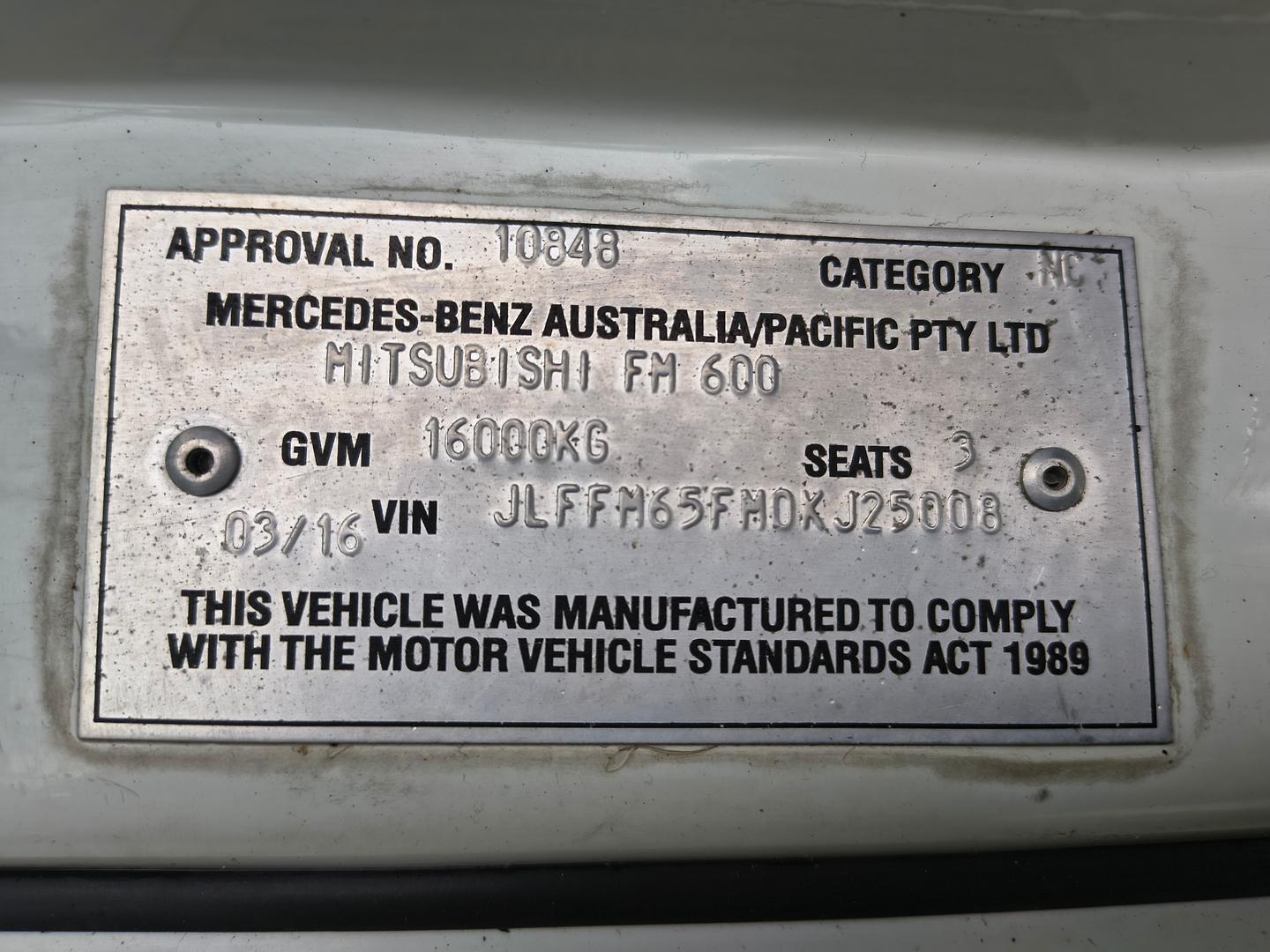 2016 MITSUBISHI FUSO FIGHTER FM65F 1627 XLWB 6 SP MANUAL C/CHAS