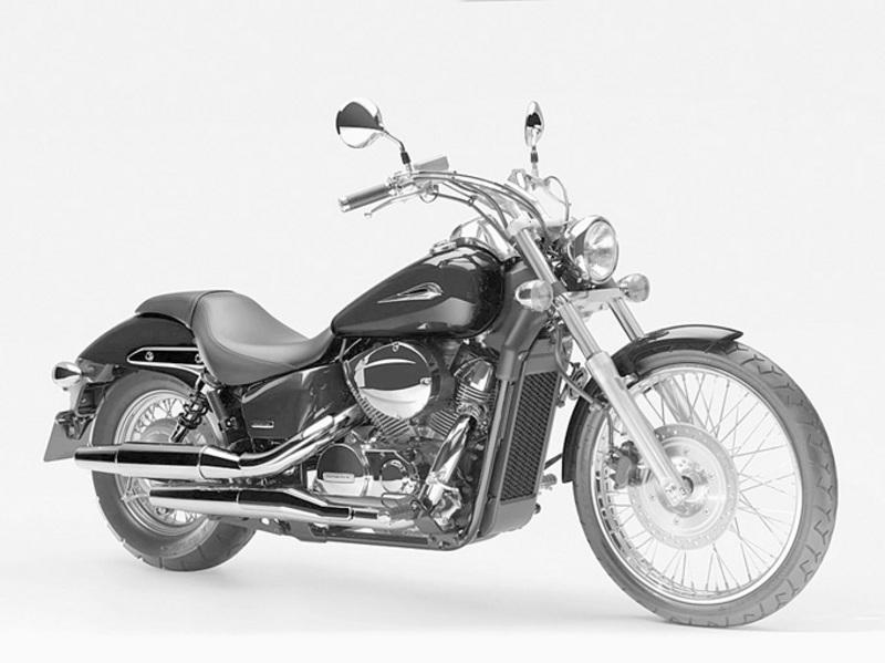 black and white photo, 45 degree front view of the Honda VT750C2 Shadow
